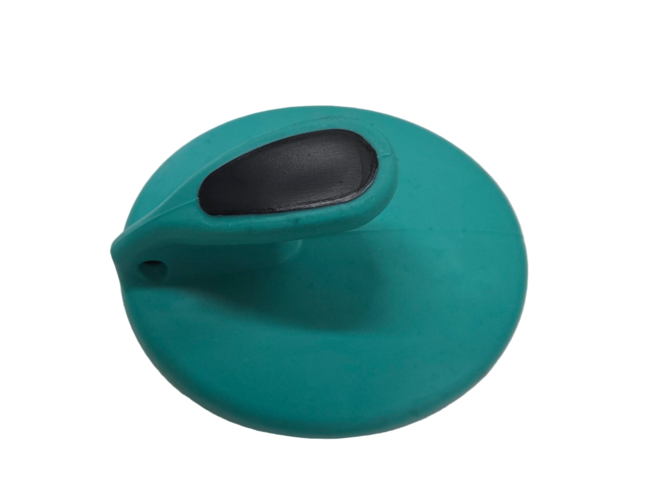 Teal plastic object with a black center on a white background